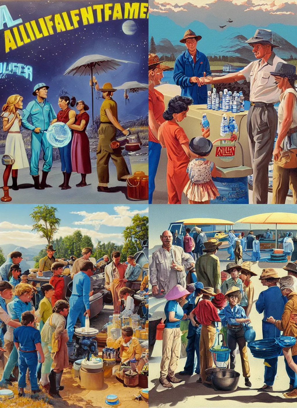 Prompt: a group of people buy water from aliens, an ultrafine detailed painting by john philip falter, shutterstock, american scene painting, movie still, storybook illustration, poster art