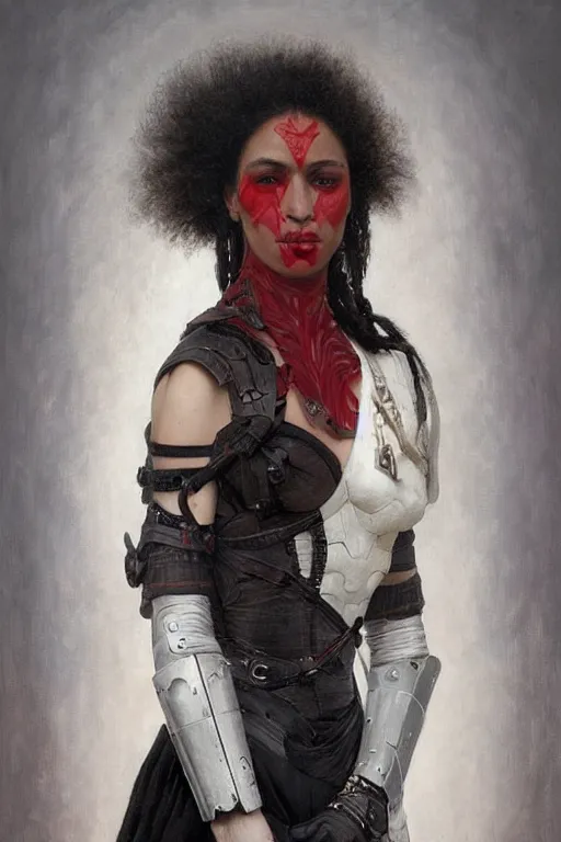 Image similar to portrait of a warrior woman, mulatto, crossbreed, metis very beautiful face, pleasant facial features, red lips, long gray hair, black closed velvet dress, leather armor, iron armor, white boots, clothes alexander mcqueen very beautiful style, photorealism, bouguereau, edgard maxence