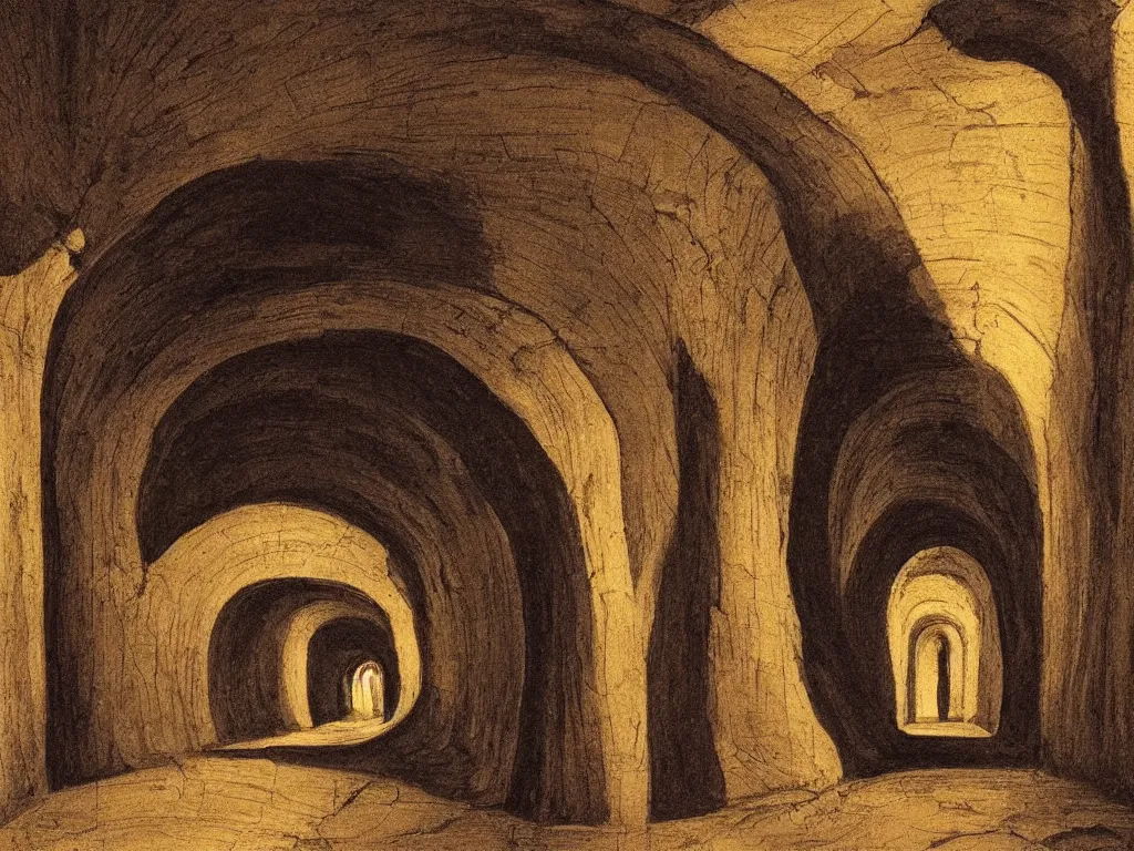 Prompt: A narrow tunnel in a dungeon. By Michelangelo