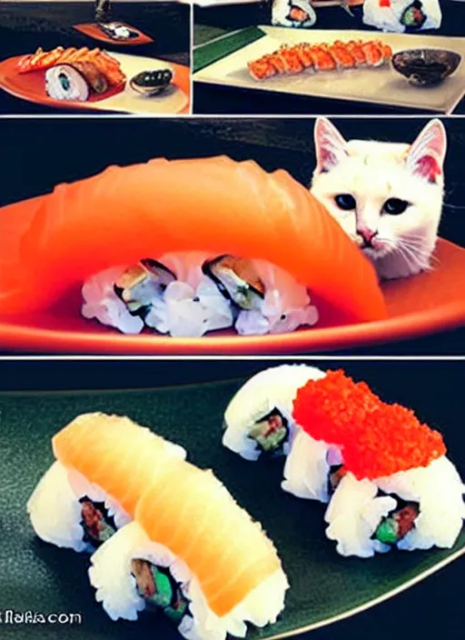 Image similar to clear photorealistic picture of adorable cats made out of sushi