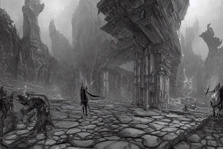 Prompt: black and white drawing point perspective fantasy dungeon you find the motionless lair of archrain, the precise ghost-minotaur,by artgerm and Craig Mullins, James Jean, Andrey Ryabovichev, Mark Simonetti and Peter Morbacher 16k