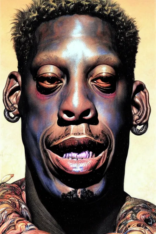 Image similar to portrait of dennis rodman in the style of wayne barlowe, gustav moreau, goward, bussiere, roberto ferri, santiago caruso, luis ricardo falero, austin osman spare