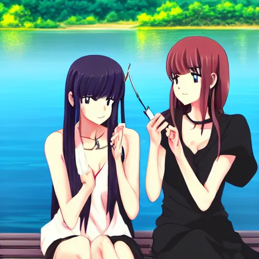 Image similar to two beautiful lesbian girls in love, smoking a hemp cigarette in front of a lake, in the style of anime, pixiv, intricate, elegant, highly detailed, lush, stylized, japanese, smooth