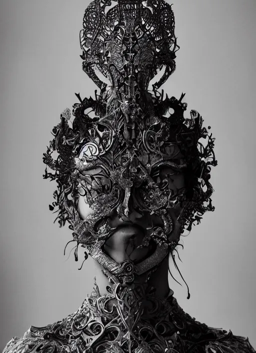 Image similar to a portrait of asian female by stefan geselle and nekro borja, photorealistic, intricate details, hyper realistic, fantasy, elegant, baroque, photorealistic, canon r 3, photography, wide shot, symmetrical features, symmetrical pose, wide angle shot, head to toe, standing pose, feet on the ground, wearable art