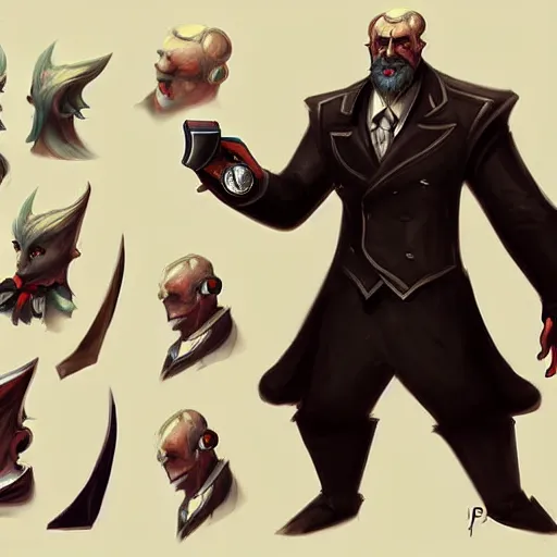 Prompt: concept art of league of legends character gentleman from hell by piotr jablonski