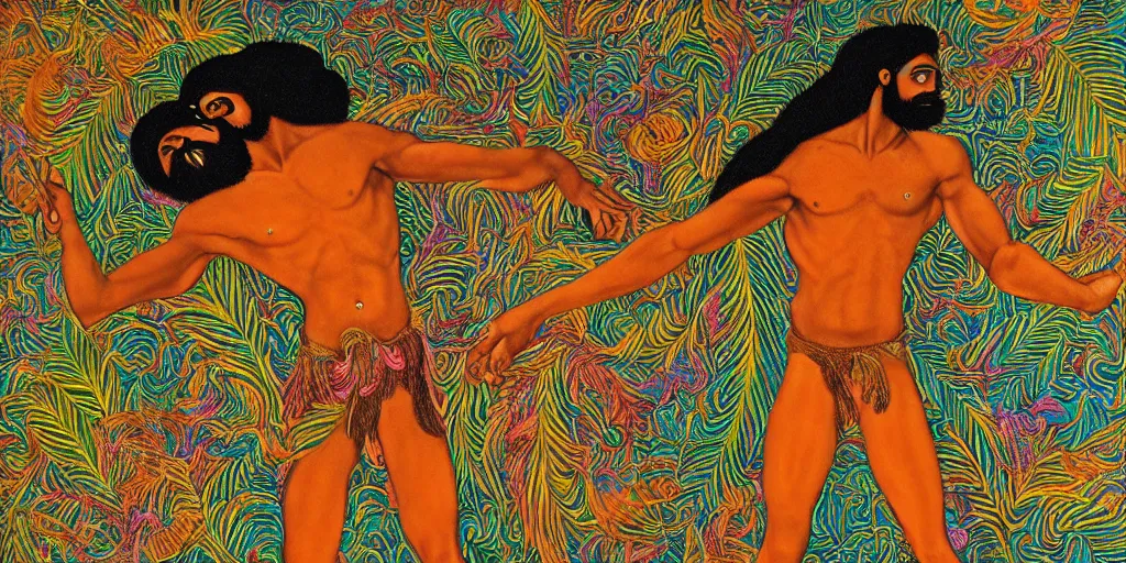 Image similar to an abstract tropical landscape, portrait of a hairy - chested dark - skinned greek god dancing. 2 4 mm, photorealistic, muted color scheme, directed by mati klarwein