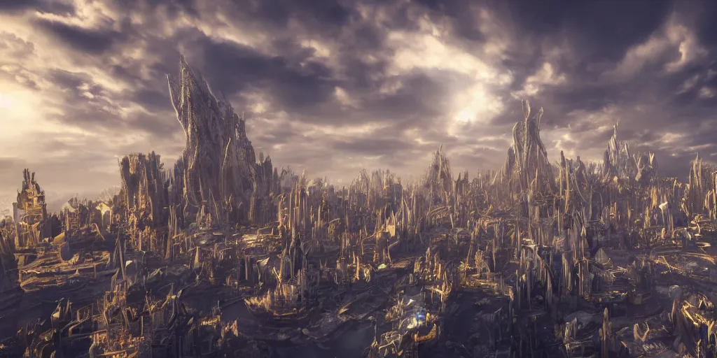 Image similar to majestic futuristic elf city made of white stone and gold, epic scale, dramatic buildings, dramatic clouds, cinematic sky, sunrise, 8 k, unreal engine 5