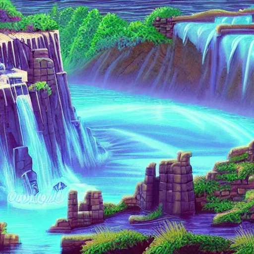 Image similar to ancient structures and waterfalls, retrowave epic art, trending on art station