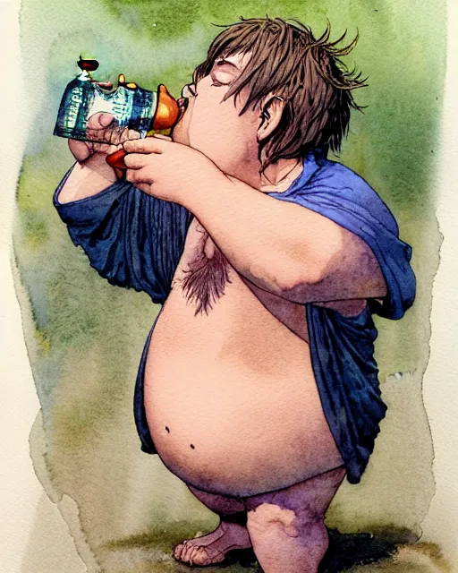 Prompt: a realistic and atmospheric watercolour fantasy character concept art portrait of a fat, chibi quigon jin drinking out of a bottle with pink eyes wearing a wife beater. by rebecca guay, michael kaluta, charles vess and jean moebius giraud