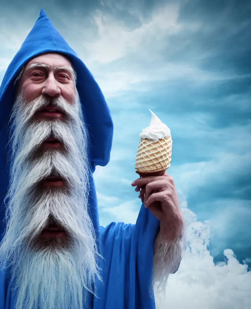 Image similar to hyper realistic matte painting of an ancient wizard in blue robes with a long white beard as he is resting inside of a giant empty ice cream cone, the wizard is looking out from the top, extremely detailed, photorealistic, octane render, 4 k, 8 k