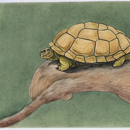 Image similar to a tortoise with a bonsi tree growing on its back, traditional chinese watercolor