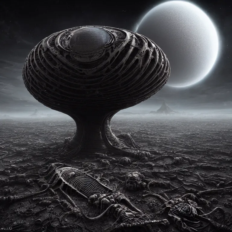 Image similar to ribbed surreal abandoned alien spaceship on exoplanet, covered in a desolate empty wasteland, creepy, nightmare, dream-like heavy atmosphere, surreal abandoned buildings, beautiful detailed intricate insanely detailed octane render trending on Artstation, 8K artistic photography, photorealistic, chiaroscuro, Raphael, Caravaggio, Beksinski, Giger