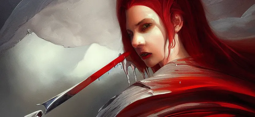 Image similar to sacred vampire, red sea, sword attack, acanthus scroll, ceremonial clouds, dripping paint, fibonacci rhythm, artstation, art germ, wlop, karol bak, christopher balaskas, ross tran