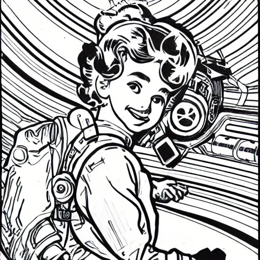 Image similar to clean simple line art of a little girl with wavy curly hair floating in space. she is an astronaut, wearing a space suit. white background. well composed, clean black and white line drawing, beautiful detailed face. illustration by steve ditko and jack kirby and alphonse mucha