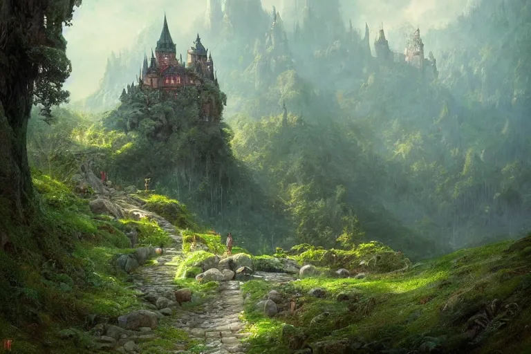 Image similar to single small fantasy castle, highly detailed, on lush green hills with a forest in the background, illustrated by Greg Rutkowski and Gaston Bussiere, 35mm lens, beautiful macro close-up imagery, lush lighting, beautiful volumetric-lighting-style atmosphere