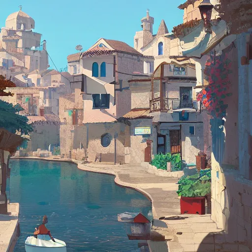 Prompt: A medieval, Mediterranean town, by James Gilleard and Makoto Shinkai