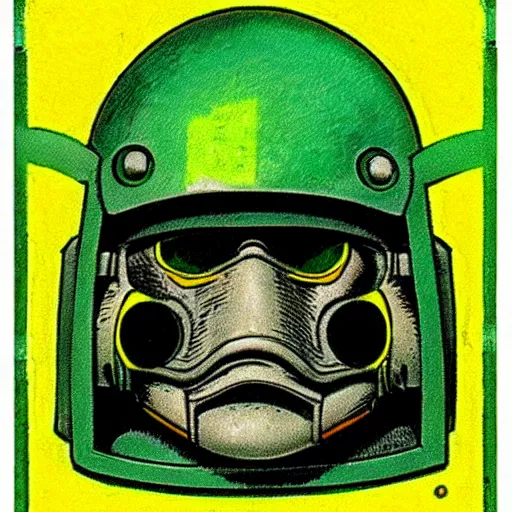 Image similar to portrait of a mutant chronicles bauhaus doomtrooper, wearing green battle armor, a yellow smiley sticker centered on helmet, by jean giraud