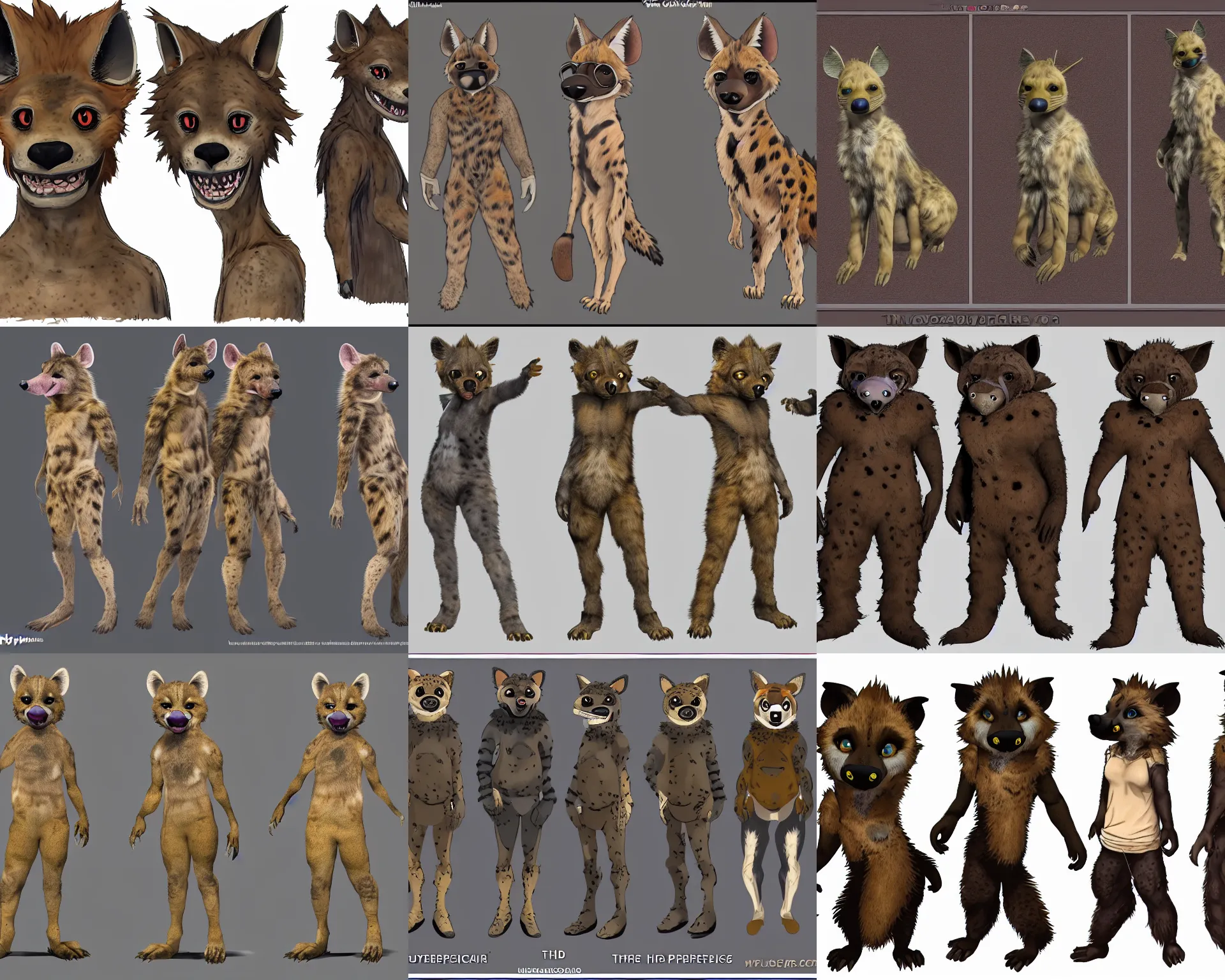 Prompt: three perspectives, a furry hyena fursona / fursuit reference sheet, insane ultrahigh - resolution ( uhd ), trending on weasyl