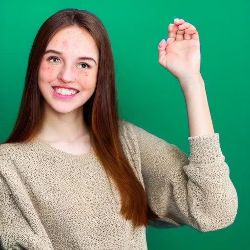 Image similar to Photograph of April, a cute young woman, long shiny bronze brown hair, full round face, green eyes, medium skin tone, light cute freckles, light blush, smiling softly, wearing casual clothing, interior lighting, cozy living room background, medium shot, mid-shot, hyperdetailed, hyperreal,