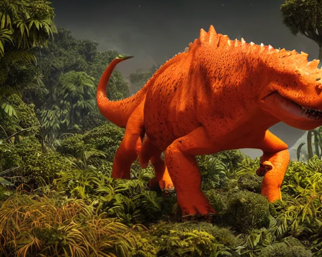 Prompt: cute orange carnotaurus in a prehistoric jungle, pixar, 8 k, octane render, cinematic