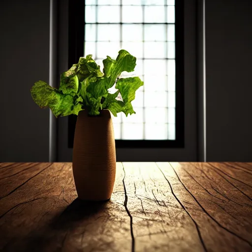 Image similar to a large vase sitting on top of a wooden table, medieval concept art, cinematic lightning and colors, featured on cg society, photorealism, vray tracing, rendered in unreal engine, photorealistic, vegetables on table and candle, dark lightning, contrast shadows