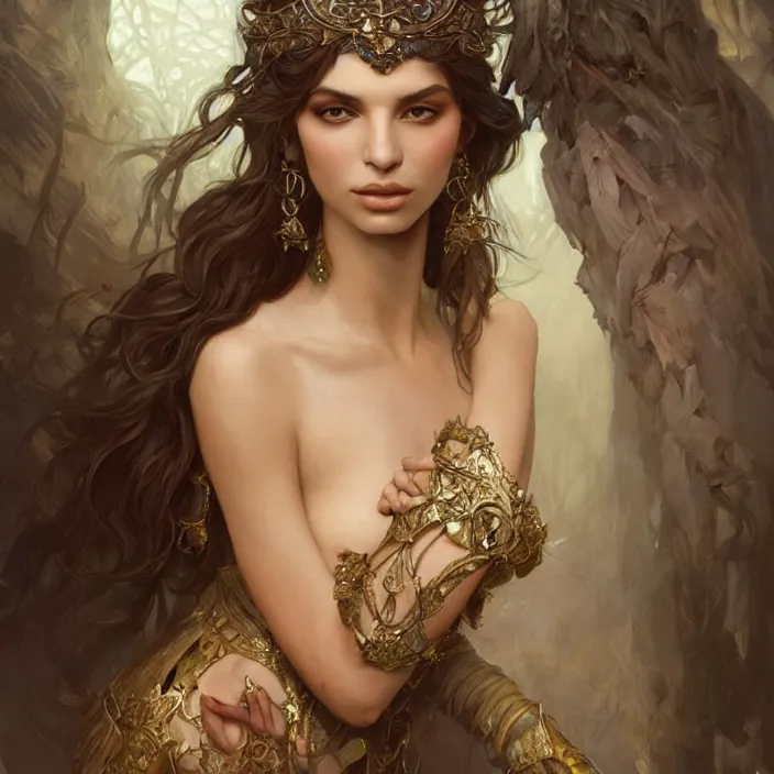 Prompt: ancient queen emily ratajkowski, diffuse lighting, fantasy, intricate, elegant, highly detailed, lifelike, photorealistic, digital painting, artstation, illustration, concept art, smooth, sharp focus, art by john collier and albert aublet and krenz cushart and artem demura and alphonse mucha