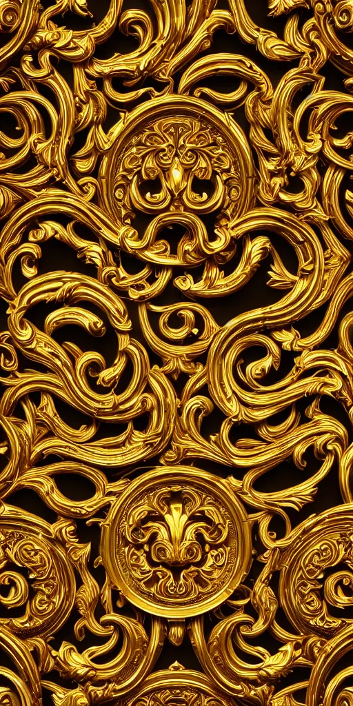 Prompt: seamless 3D baroque gold pattern, Beautiful dynamic shadows ,Artstation, versace pattern, concept design art, Octane render,8K