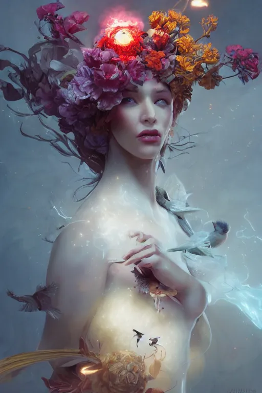 Image similar to beautiful girl necromancer, witch - doctor exploding into flowers, angels, 3 d render, hyper - realistic detailed portrait, holding electricity and birds, ruan jia, wlop. scifi, fantasy, hyper detailed, octane render, concept art, peter mohrbacher