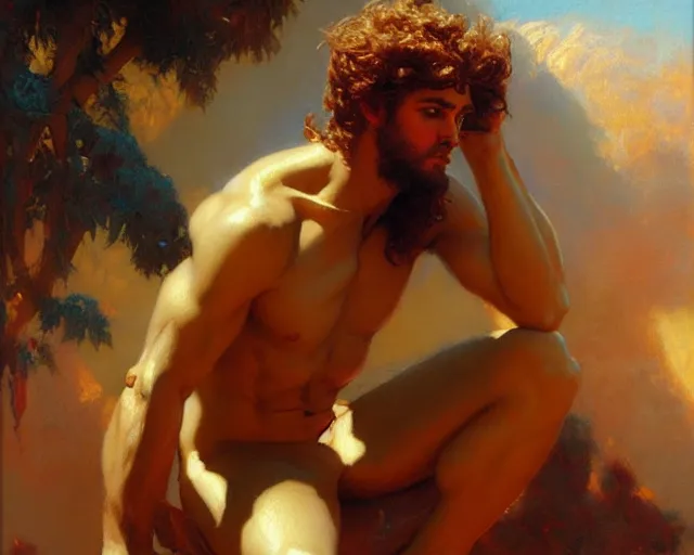 Image similar to attractive apollo greek god. highly detailed painting by gaston bussiere, craig mullins, j. c. leyendecker 8 k