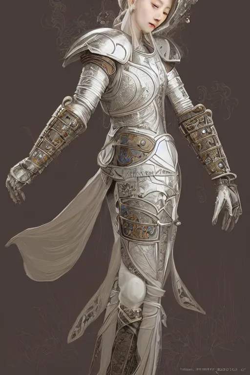 Image similar to beautiful and victorian and holy and divine and elite young medieval female white armor knight portrait like twice tzuyu+shinny eyes+front face with light flowing hair, ultradetail face, art and illustration by tian zi and craig mullins and WLOP and alphonse mucha, fantasy, intricate complexity, human structure, human anatomy, fantasy character concept, watermark, blurry, hyperrealism 8k