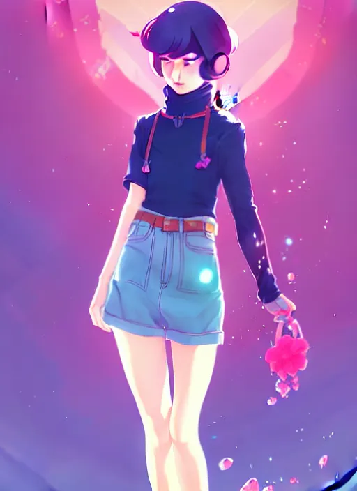 Image similar to female character inspired by 9 0's fashion and by madeline from celeste, art by rossdraws, wlop, ilya kuvshinov and makoto shinkai