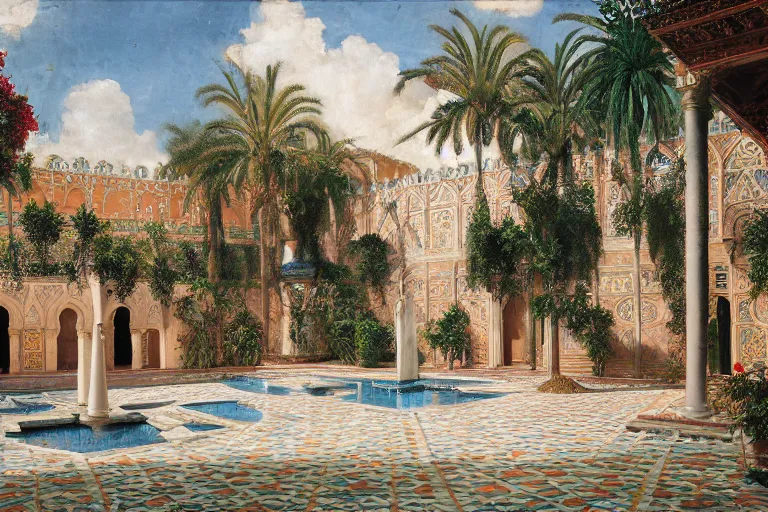 Prompt: painting of a beautiful moorish palace courtyard garden, by ludwig deutsch, patterned tilework, palm trees, tiled fountains, extremely detailed, cinematic lighting, smooth sharp focus