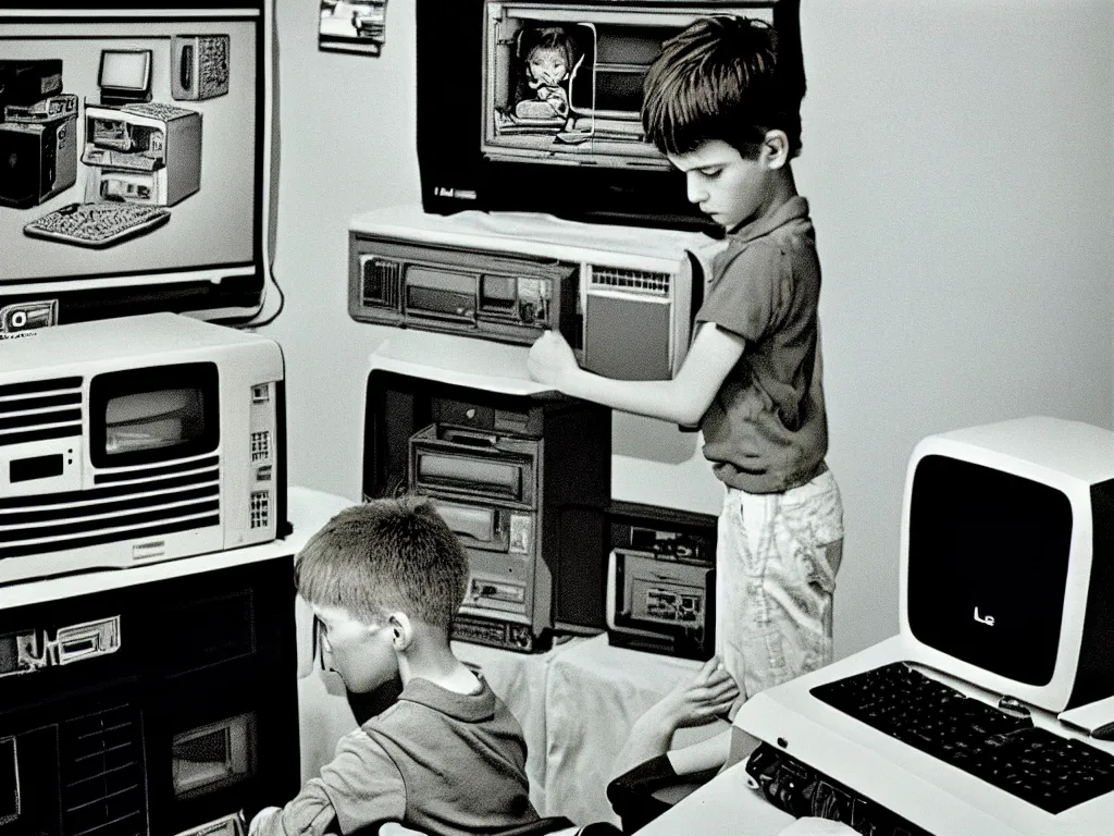 Image similar to boy looking at the PC computer from 90s by Laurie Lipton, grainy film kodak