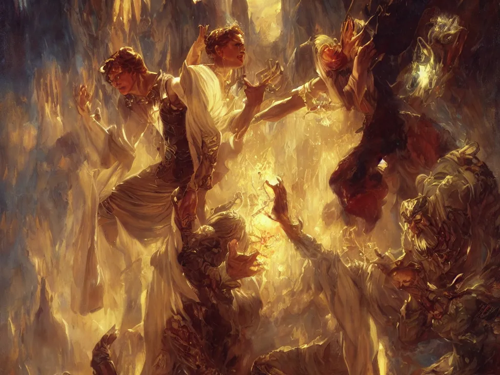 Image similar to attractive magician casts dark spell, summoning attractive lucifer morningstar. highly detailed painting by gaston bussiere, craig mullins, j. c. leyendecker 8 k