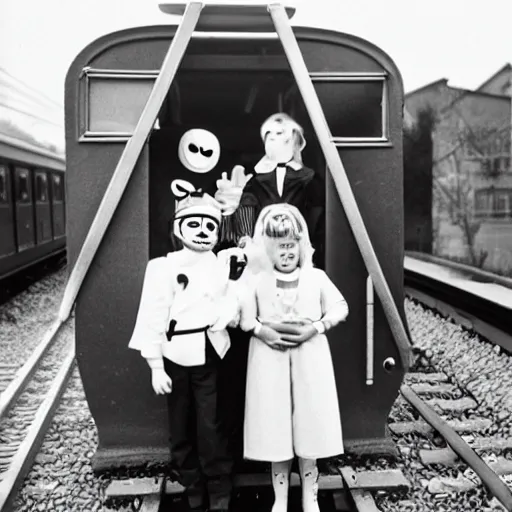 Image similar to kids on Halloween costumes on a train to another dimension, vintage photography, high quality, nostalgic