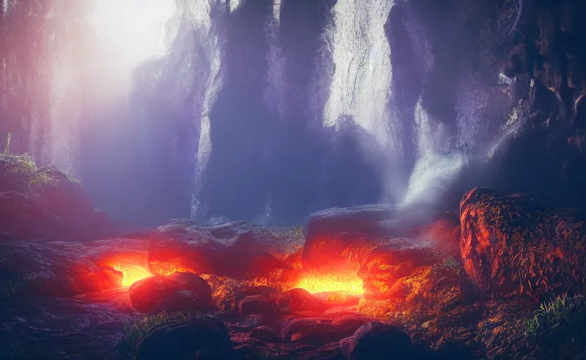 Prompt: a beautiful and stunning professional digital artwork of a glowing infernal cave, haze, smoke floating in the air, waterfall, volumetric lighting, hyperrealistic, rtx on, ultra detail