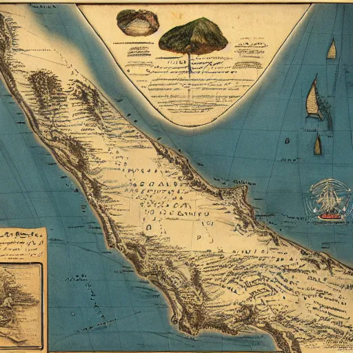 Image similar to A cartographic map of Hawaii in the 1700s, by William Bringham, 8k resolution, photorealistic imagery, heavily detailed