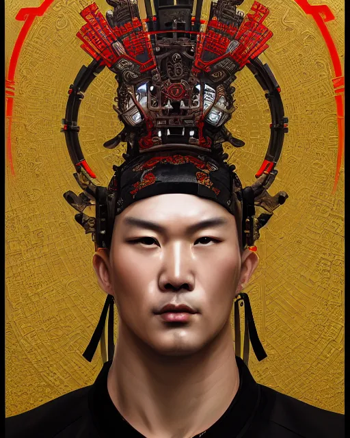 Image similar to portrait of a masculine male cyberpunk machine, machine face, upper half portrait, decorated with chinese opera motifs, asian, fine china, wuxia, traditional chinese art, intricate, elegant, highly detailed, symmetry, headpiece, digital painting, artstation concept art smooth sharp focus, illustration, art by artgerm and greg rutkowski alphonse mucha 8 k