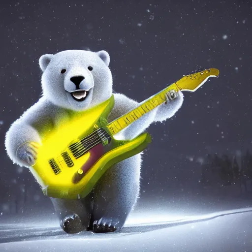 Prompt: smiling polar bear playing yellow triangular Gibson Flying-V electroguitar in hat in winter at streets of Moscow, sharp focus, fantasy style, octane render, volumetric lighting, 8k high definition, by greg rutkowski, highly detailed, trending on art Station