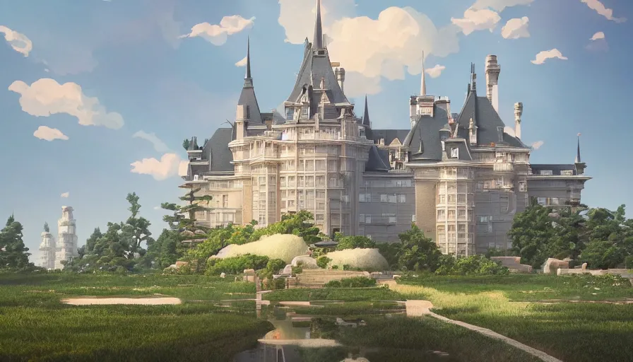 Image similar to A highly detailed matte painting of a huge american castle inspired by the white house by Studio Ghibli, Makoto Shinkai, by Artgerm, by beeple, by Greg Rutkowski, volumetric lighting, octane render, 4K resolution, trending on artstation, masterpiece