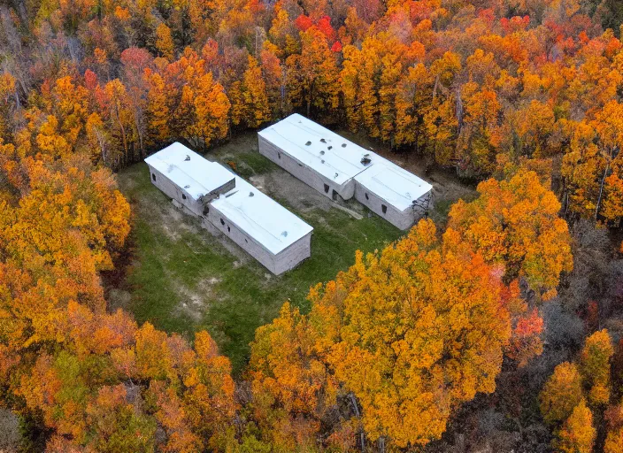 Image similar to low drone shot of a ranch style Juvenile Detention Center middle of the Woods during autumn