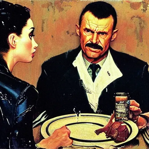 Prompt: leon kowalski replicant from blade runner is unhappy with the soup he has received in a restaurant and is considering making a complaint, painted by norman rockwell and tom lovell and frank schoonover