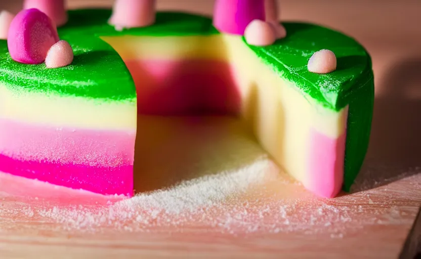 Image similar to A photo of a swedish princess cake from the side on a wooden table, covered with pink marzipan, some powder sugar and a green marzipan leaf in the center. Sunset. 4K. Cinematic lighting. High detail. Realistic. Delicious.