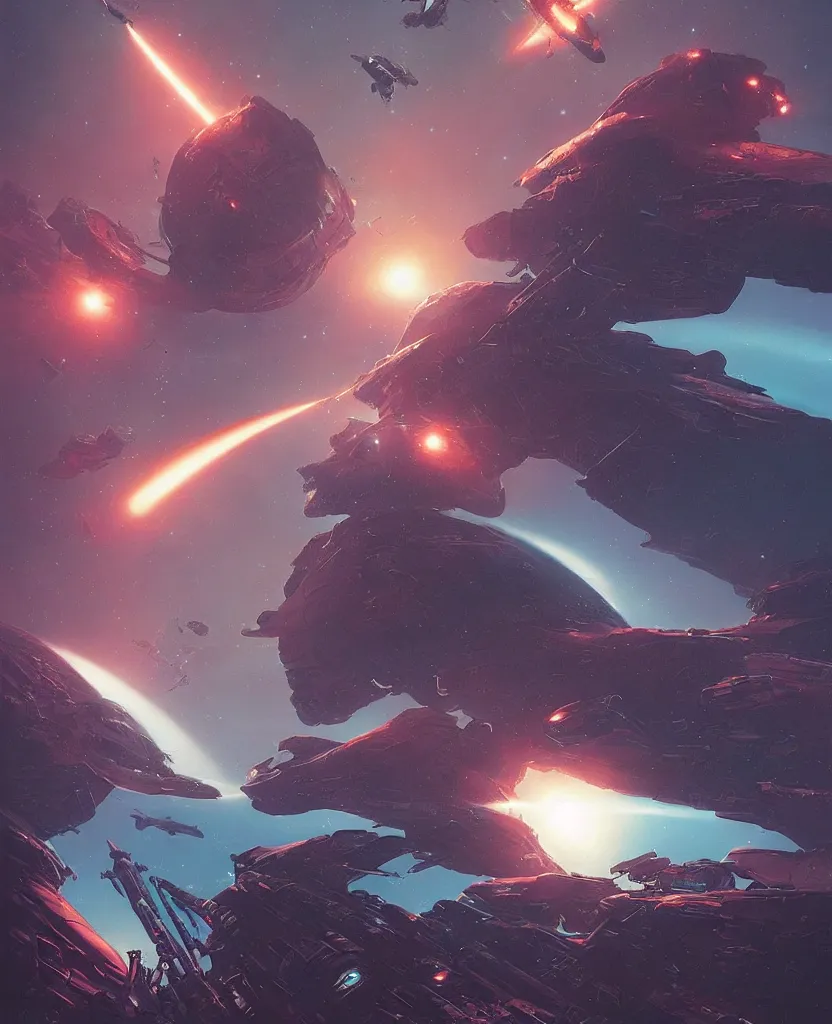 Image similar to retro futuristic sci - fi poster by moebius and greg rutkowski, epic spaceship battle, nebulae, planet mars