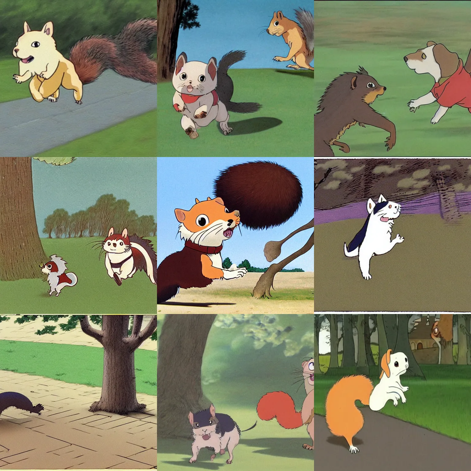 Prompt: a dog chasing a squirrel, Hayao Miyazaki