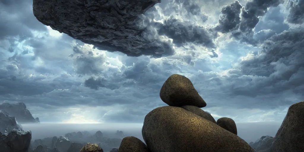 Image similar to Photorealistic epic landscape with magically floating rocks, with ominous storm clouds, strange levitating stones, a gentle rising mist. photorealism, UHD, amazing depth, glowing, golden ratio, 3D octane cycle unreal engine 5, volumetric lighting, cinematic lighting, cgstation artstation concept art