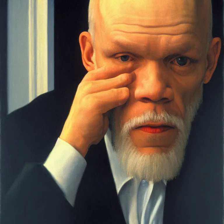 Image similar to John Malkovich as John Malkovich as he paints John Malkovich, by Rene Magritte and Edward Hopper, soft lighting, serene, 8k