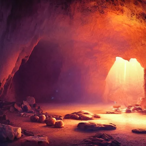 Image similar to beautiful matte painting of a cave with glowing crystals on the walls and bone piles on the floor, fantasy, sharp focus