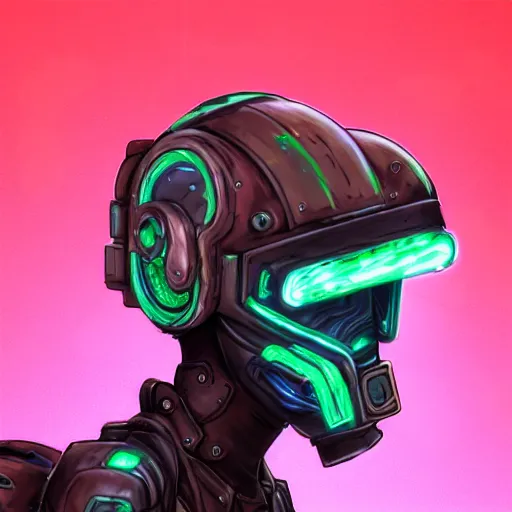 Image similar to helmet cyberpunk made of green lava and fire in borderlands 3 style, pconcept art character modeling, body made of green lava and fire, marvelous designer, z brush, maya, digital 3 d, 4 k, epic size, epic scale, ultra detailed digital art, furry art, macro art, deviantart, realistic