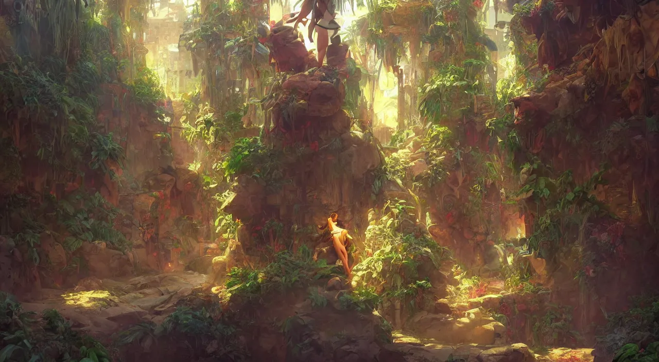 Image similar to grounded camera low angle arabian marketplace skyup vivid tissu color fabric jungle dirt wall fortress digital painting, artstation, concept art, sharp focus, illustration, cinematic lighting, art by artgerm and greg rutkowski and alphonse mucha